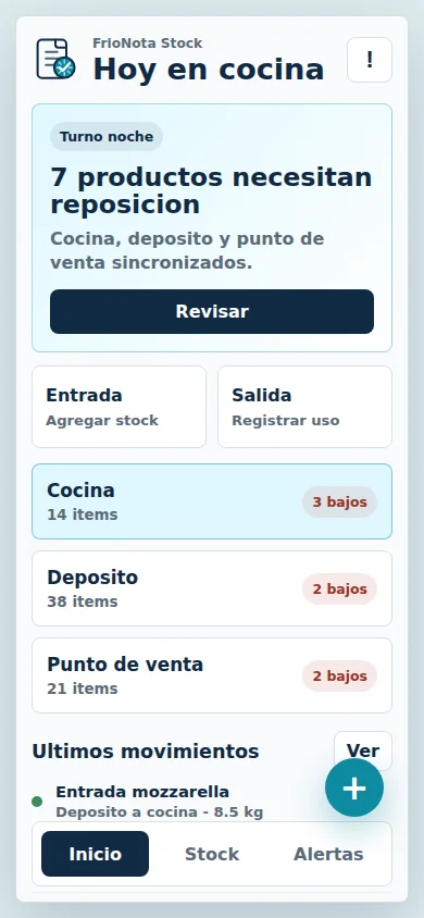 Frío Nota Stock screen with restock alerts and kitchen movements