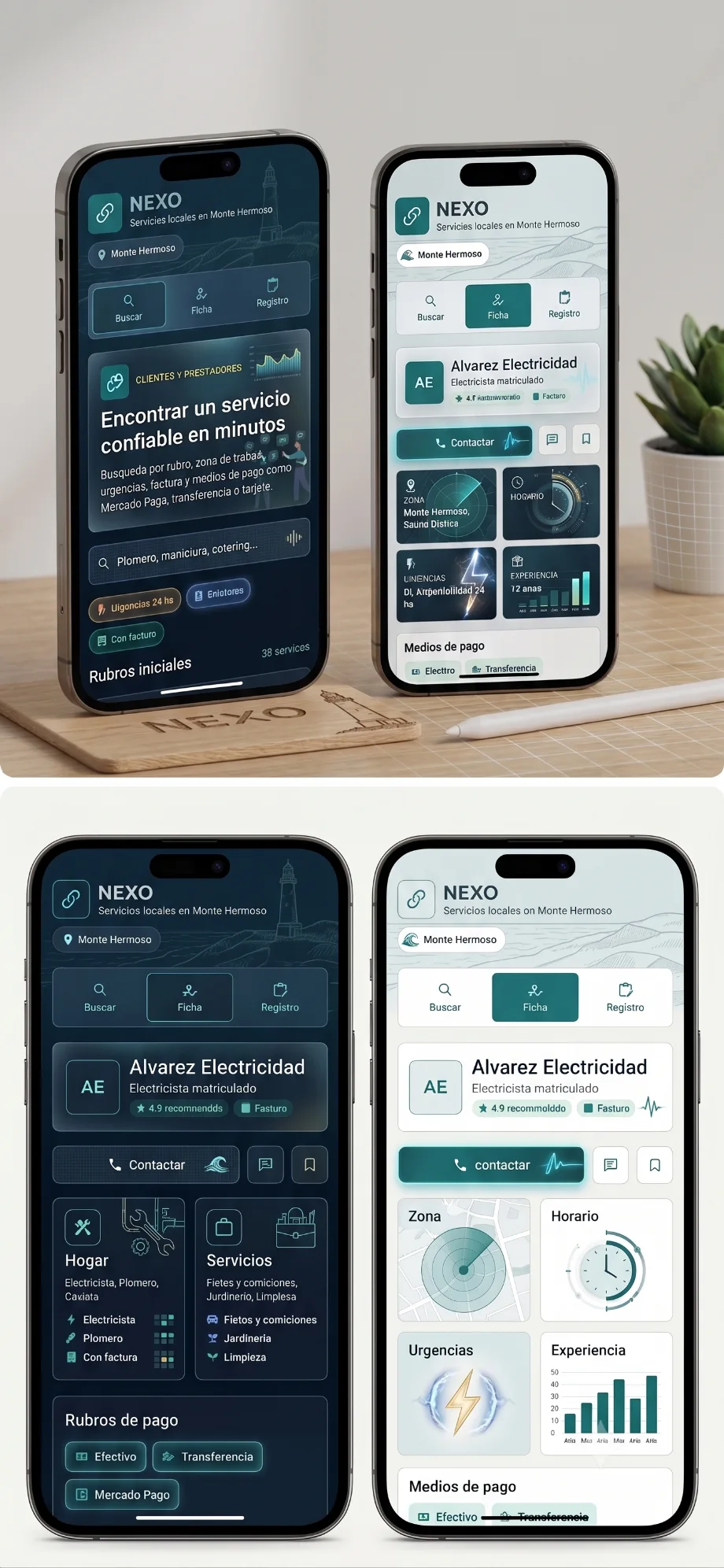 Nexo showcase with mobile screens for local service search and provider profiles