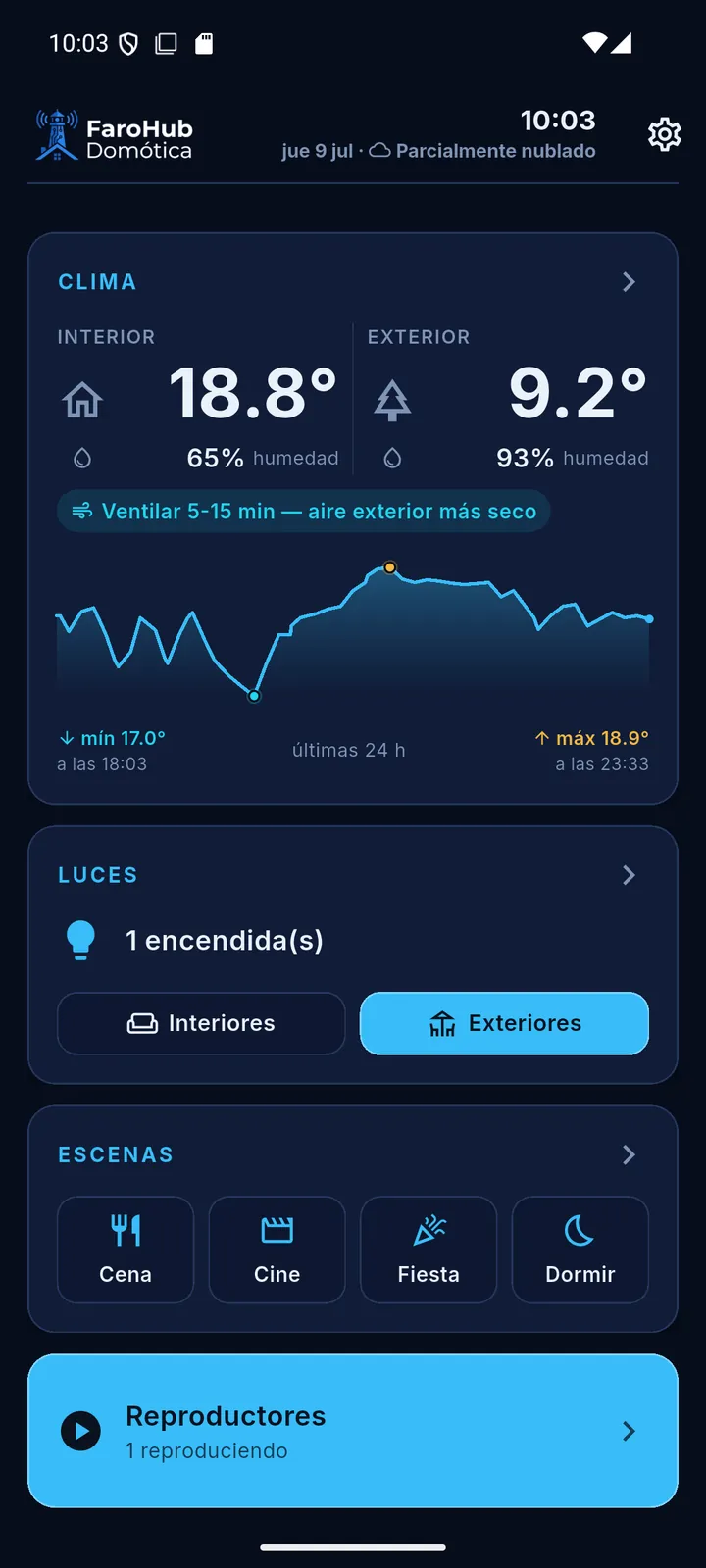 FaroHub Mobile main screen with climate, lights, scenes and media players